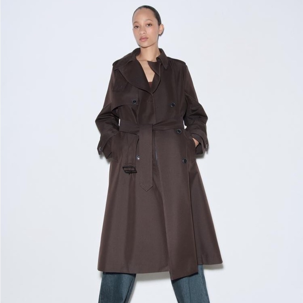 Zara Chocolate Brown Long Double-Breasted Trench Coat